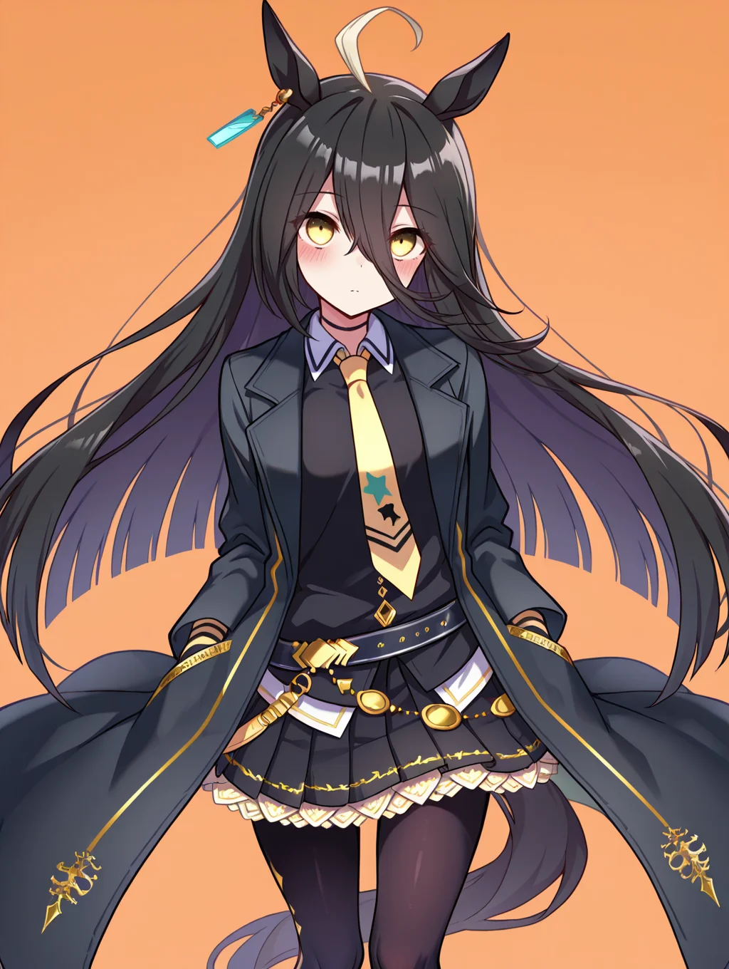 masterpiece,best quality,very aesthetic,absurdres,highres,newest,
mht race, manhattan cafe (umamusume),
ahoge, animal ears, black gloves, black hair, black jacket, black skirt,
collared shirt, earrings, gloves, hair between eyes, horse ears, horse girl,
jacket, jewelry, long hair, long sleeves, multicolored hair, necktie, shirt,
single earring, skirt, yellow eyes, black coat, black pantyhose, black shirt,
coat, highres, pantyhose, white footwear, yellow necktie, pleated skirt, horse tail,
tail, very long hair, blush, eyes visible through hair, long hair between eyes, eyebrows visible through hair,
eye_focus,<lora:eye_focus:1>,
<lora:umamusume_manhattan_cafe_ill_v1.0:1>,