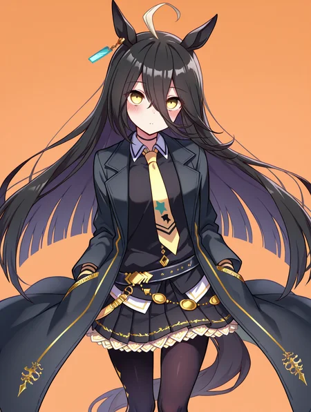 masterpiece,best quality,very aesthetic,absurdres,highres,newest,
mht race, manhattan cafe (umamusume),
ahoge, animal ears, black gloves, black hair, black jacket, black skirt,
collared shirt, earrings, gloves, hair between eyes, horse ears, horse girl,
jacket, jewelry, long hair, long sleeves, multicolored hair, necktie, shirt,
single earring, skirt, yellow eyes, black coat, black pantyhose, black shirt,
coat, highres, pantyhose, white footwear, yellow necktie, pleated skirt, horse tail,
tail, very long hair, blush, eyes visible through hair, long hair between eyes, eyebrows visible through hair,
eye_focus,<lora:eye_focus:1>,
<lora:umamusume_manhattan_cafe_ill_v1.0:1>,