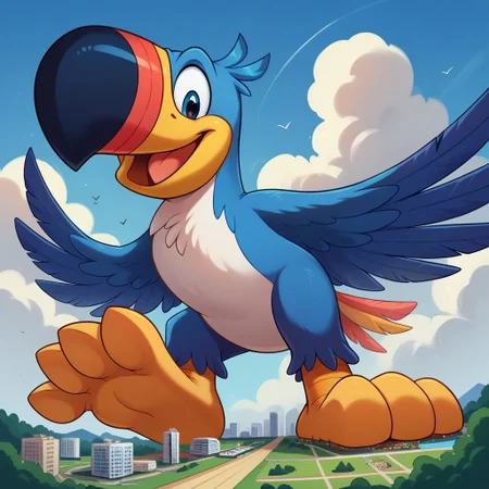 score_9, score_8_up, score_7_up, score_6_up, score_5_up, score_4_up, j3n, 1boy, solo, Full body, male, j3n, toucan sam, bird, beak, avian, blue feathers, ((feral)), standing, feather wings arms, smile, vary low angle, ((macro)), ((giantess)), outdoors, ((sunshine)), ((sunny day)), ((bright light)), in the city, full body, perfect face, focus on furry, shy face, looking down at viewer, sexy, highly detailed, Expressiveh, perfect eyes, (shrunken city :1.3), (shrunken cityscape:1.3), landscape, masturbation, orgasm face, sitting, blue sky, daytime,foot focus, view from ground