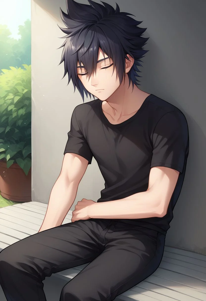 score_9, score_8_up, source_anime, highly detailed, 1boy, solo, male_focus,
noctis, 1boy, male focus, solo, blue eyes, shirt, black hair, spiked hair, looking at viewer, sitting,
hair between eyes, pants, short sleeves, black pants, eyes closed, sleeping,
outdoor,