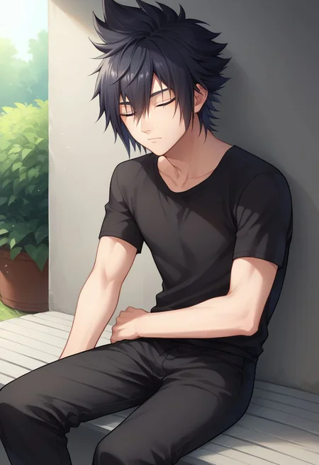 score_9, score_8_up, source_anime, highly detailed, 1boy, solo, male_focus,
noctis, 1boy, male focus, solo, blue eyes, shirt, black hair, spiked hair, looking at viewer, sitting,
hair between eyes, pants, short sleeves, black pants, eyes closed, sleeping,
outdoor,
