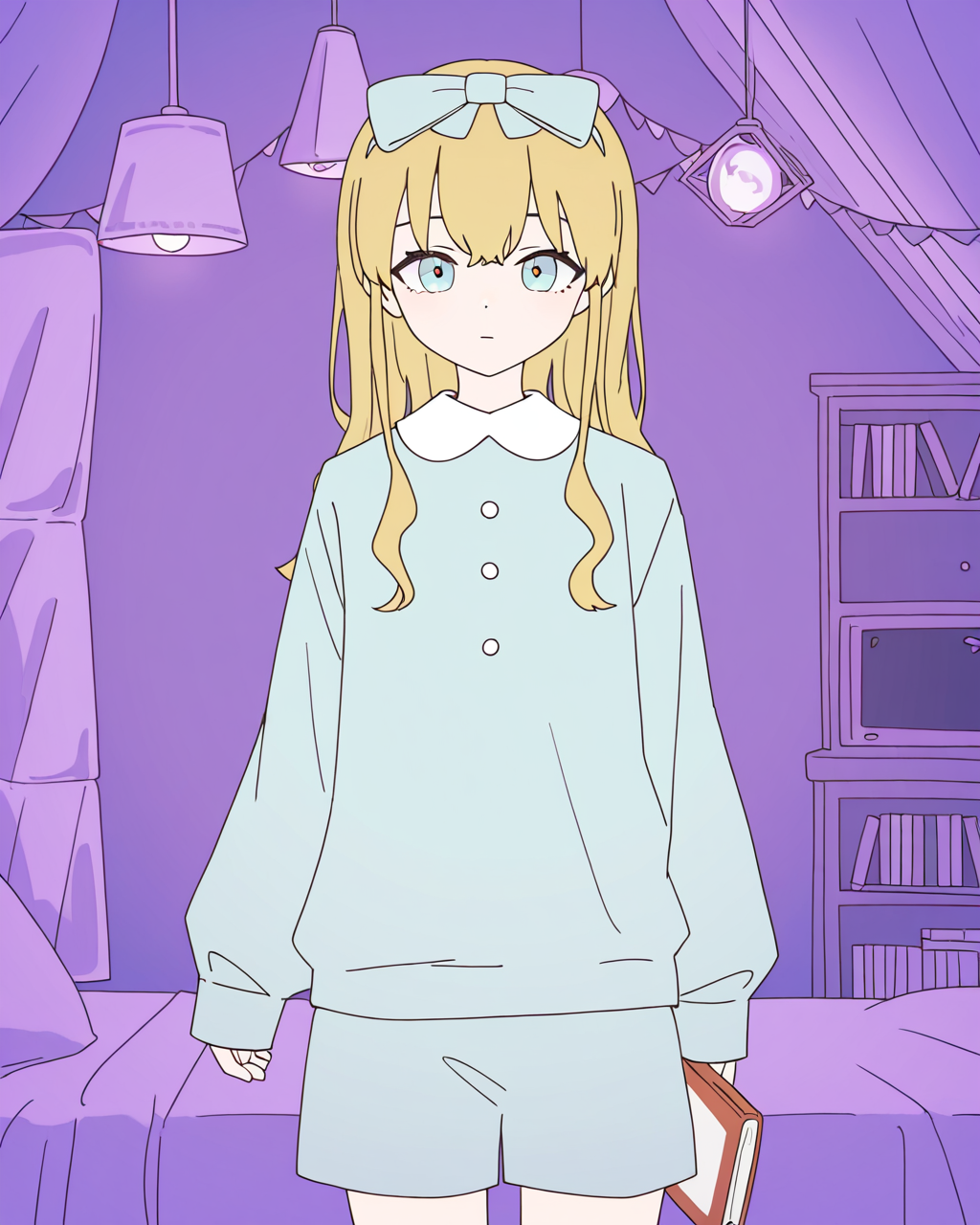 1girl, solo, pajamy \(vocaloid\), blue bow, hair bow, blonde hair, long hair, blue pajamas, blue eyes, 2d, flat color, looking at viewer, cowboy shot, purple background, lamp, curtains, bed, book, bookshelf, masterpiece, best quality, very aesthetic, absurdres