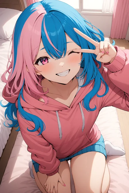 1girl, solo, blue hair, split-color hair, wavy hair, smile, v over eye, kneeling, from above, hoodie, bedroom, pink tone color, masterpiece, best quality, explicit