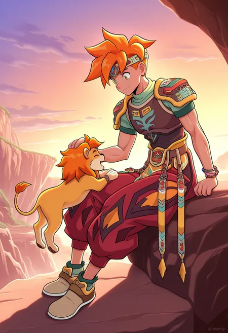 masterpiece, best quality, amazing quality, very aesthetic, absurdres, newest, terranigmark, 1boy, masculine, toned male, spiky orange hair, pauldrons with faces, jeweled headband, print shirt, green sleeves, bracelets, belt with dangling straps, red baggy pants, shoes, smile, petting small lion, rocky cliffs
