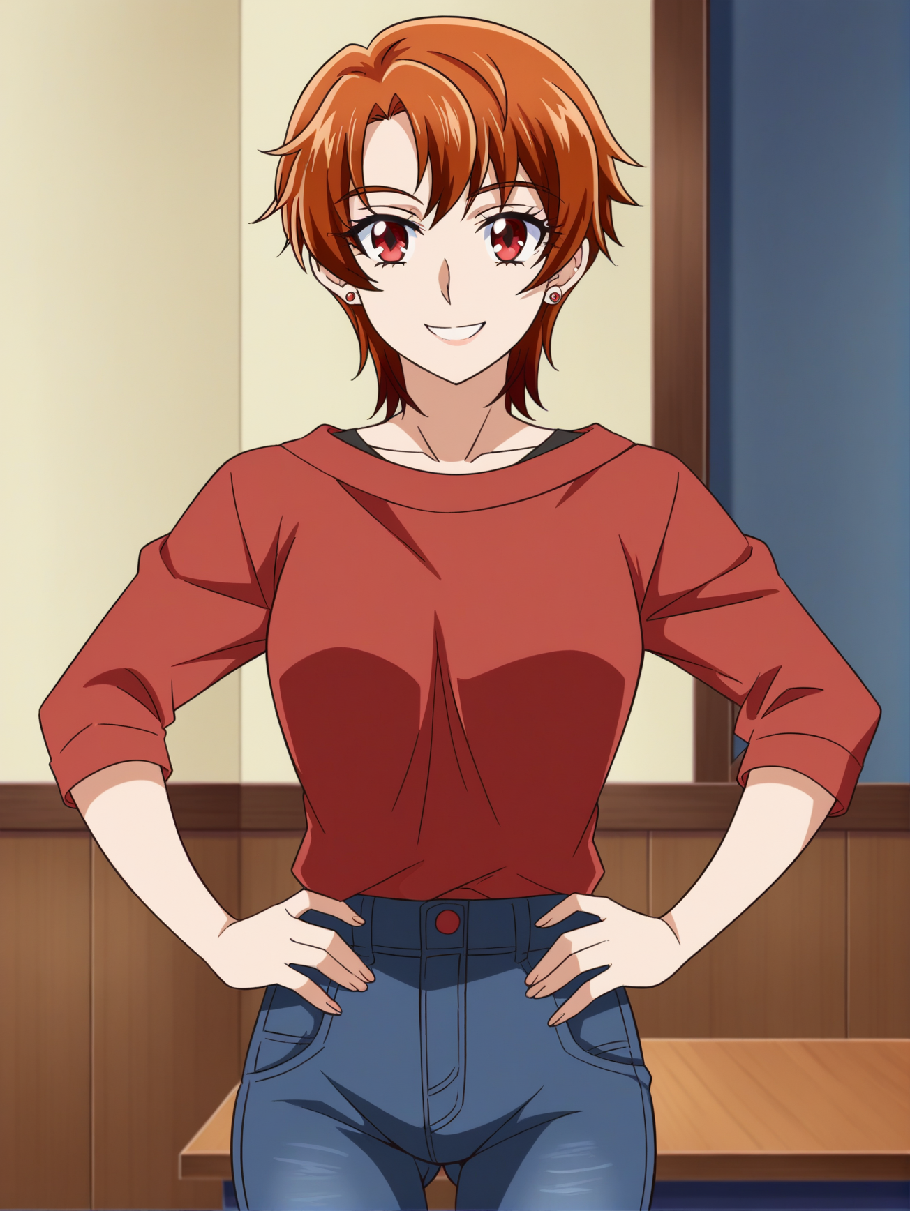 <lora:Natsuki_Rin-Kibou_no_Chikara_Otona_Precure:0.8>,Rin,1girl,short hair,red eyes,earrings,shirt,denim,hands on own hips,cowboy shot,smile,looking at viewer,indoors