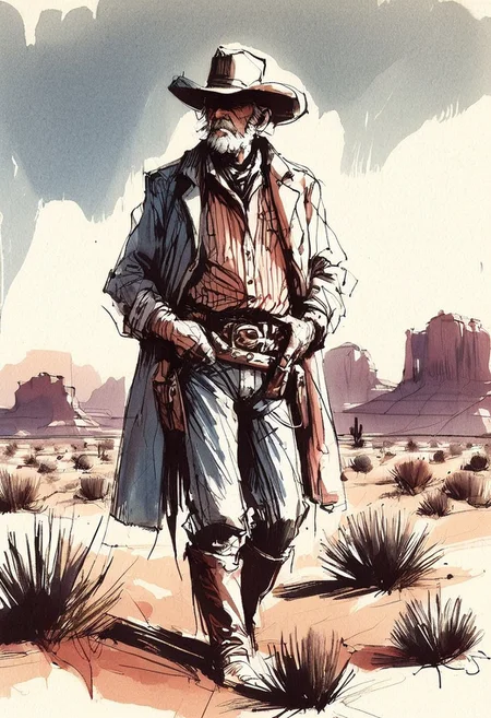 inksketch,
 an old cowboy in a duster standing alone in the desert,