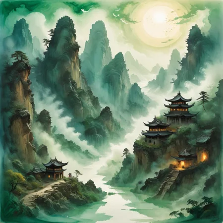 (Ink illustration on parchment, watercolor, ink splashes, Ukiyo-E). ((watercolor)), ((Chinese landscape)), Pagodas, Red-Trees, landscape focus, small figure off-side, Chinese Mountains, Rivers, Clouds, with watercolor washes, (((verdant green landscape))), (((mist, waterfalls))), trees, lush foliage, endless karth mountains that stretch outward to the horizon, a lone woman traversing the landscape!! wearing a bright blue cloak to make the miniscule figure stand out in a landscape dotted with the ruins of an ancient destroyed civilisation, crumbling stone, degraded buildings and temple, a long magical aurora borealis stretching across the sky, a broken moon high in the sky partially turned into an asteroid belt, a Saturn-like ringed-planet world, flickers of magical energy illuminating the land, in the far distance a giant wall of smoke is rising from the shattered earth in which a multitude of faces are forming and screaming, Ink splashes, rough ink sketch, Ghibli style, high contrast, stylized, dark skin, close up on face, head and shoulder, leather medieval top with lowered hood, Art Nouveau Style, detailxl, BadDream, dioramas,