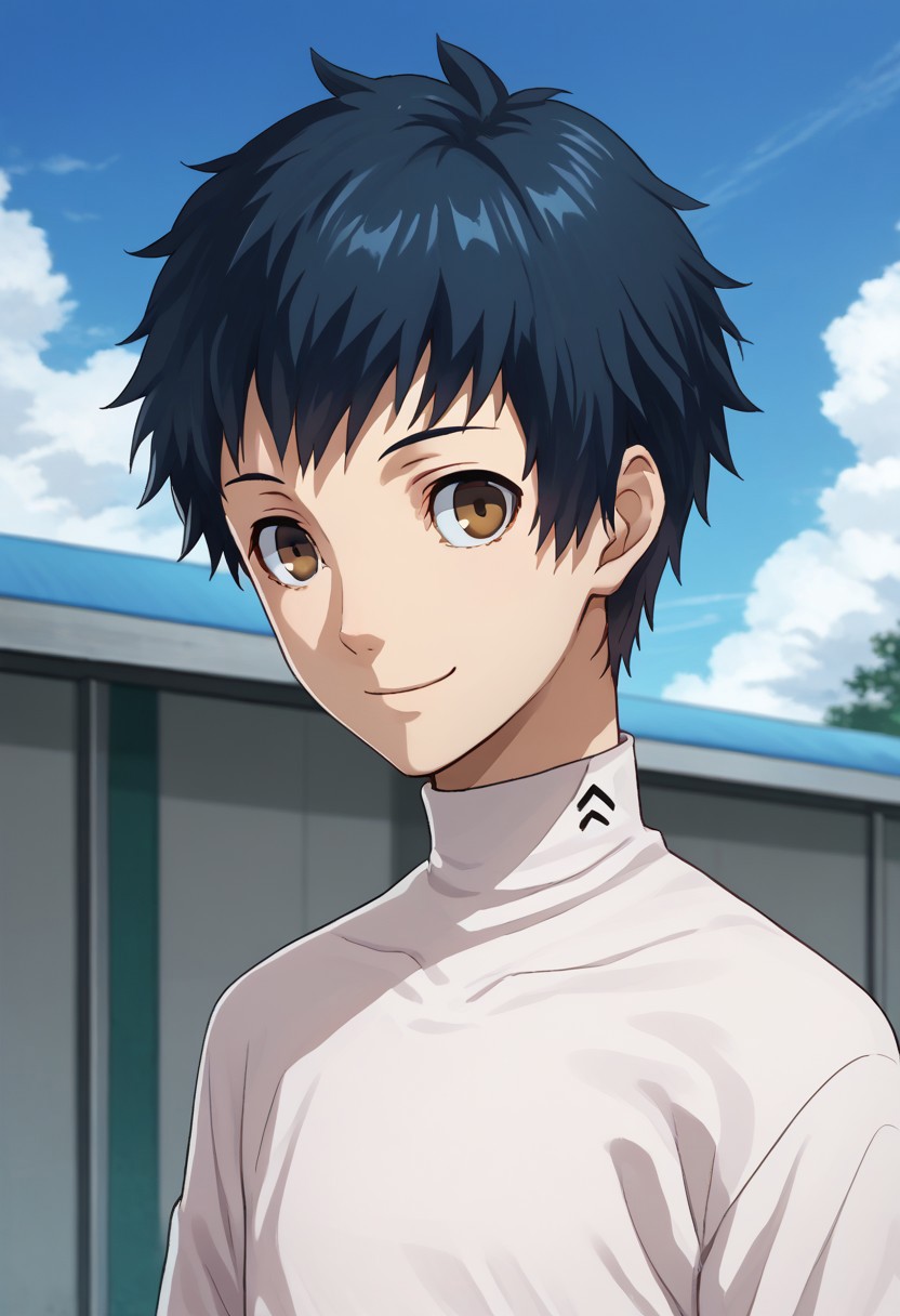 score_9, score_7_up, source_anime, 
mishima, 1boy, male focus, solo, brown eyes, blue hair, short hair, school uniform, shirt, white shirt, turtleneck, smile,
outdoor, sky