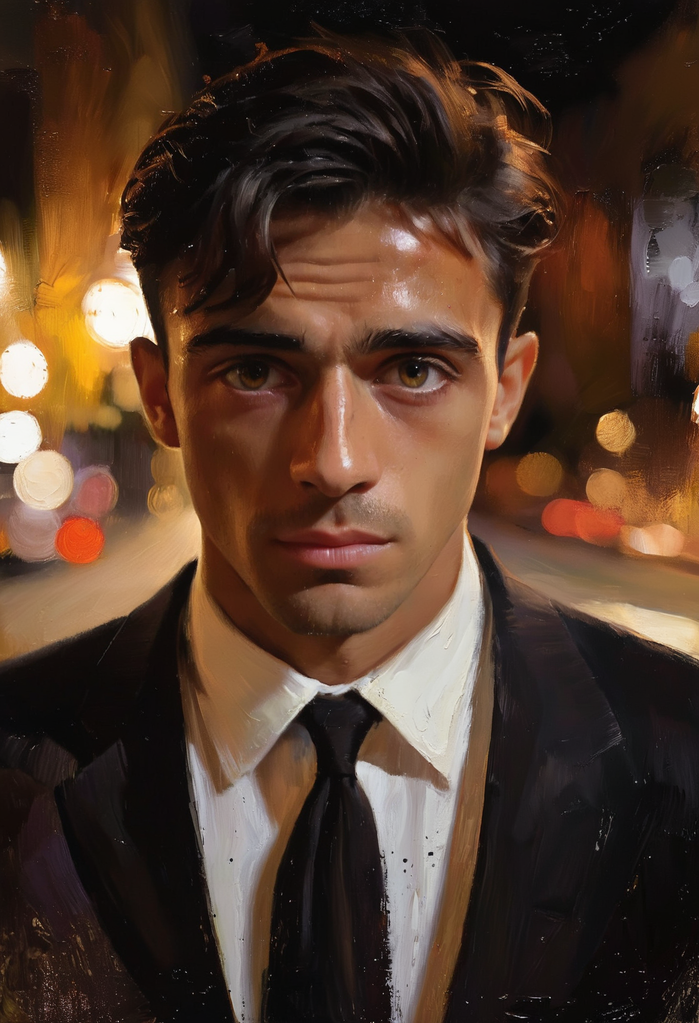 (impressionistic realism by csybgh), a young portugese man, congenital blindness in his left eye, white spot in iris, looks as if he stepped out of some wiseguy movie, Lisbon at night, materialistic and close minded yet dependable, slicked back hair, short and stocky build, masterpiece, 8k, hyper detailed, impasto painting, rough brushwork, palette knife painting, visible canvas texture