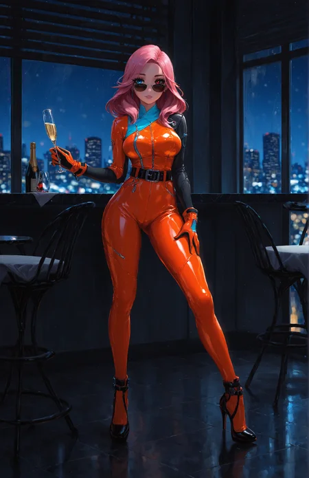 masterpiece, best quality, amazing quality, klskx, nsfw, explicit, 1girl, solo, pink hair, long hair, detailed eyes, multicolored eyes, heterochromia, black sclera, red eyes, blue eyes, eyebrows, eyelashes, orange latex catsuit, high heels, sleek black belt, orange gloves, stylish sunglasses, glossy reflections
luxury penthouse, floor-to-ceiling windows, city skyline at night, modern furniture, champagne on the table, dim moody lighting, blurry background, depth of field, (bokeh:0.8) <lora:klskx_wai:0.9> <lora:spo_sdxl_10ep_4k-data_lora_webui:2.0>