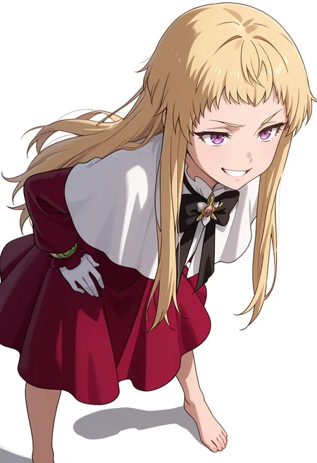 Smooth Quality,masterpiece,very intricate, high quality details, ultra realistic, high detailed skin,detailed enviorement,absurdres,
simple background, white background,
standing pose, arms akimbo, feet slightly apart, determined expression, balanced posture,  ,\n/,grin,open mouth, <lora:Mariabell_Rosso_cnn:0.8> maricnn,1girl, long hair, blonde hair, purple eyes, frown, very long hair,red dress, long sleeves,white capelet,black bowtie,white gloves,