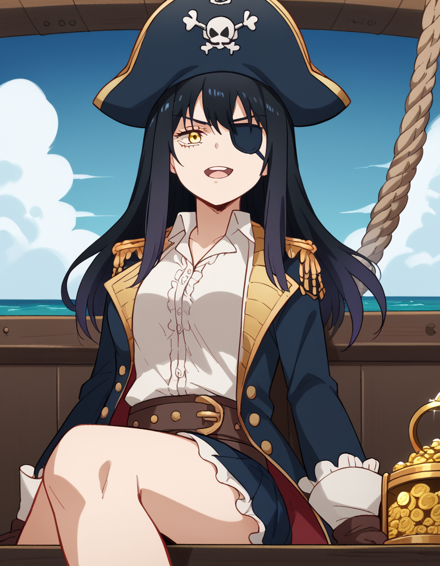 score_9, score_8_up, score_7_up, source_anime, <lora:miko-yotsuya-s1-ponyxl-lora-nochekaiser:1>, miko yotsuya, long hair, bangs, black hair, hair between eyes, yellow eyes, medium breasts,, <lora:pirate-costume-ponyxl-lora-nochekaiser:1>, pirate costume, pirate hat, skirt, gloves, jacket, shirt, eyepatch,, blue sky, sea, ocean, pirate ship, treasure, gold, smug, open mouth, from below, sitting,, , dutch angle, cowboy shot