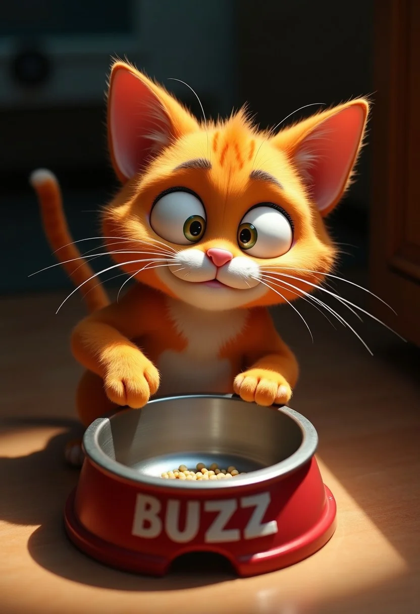 masterpiece, best quality, highly detailed, score_9, score_8_up, score_7_up,
BREAK, 70mm lens, full-color photograph, shadows, cinematics lighting, volumetric lights, realistic lights, three quarter view, film grain,
BREAK,
photograph of a cartoonish cat, exaggerated large eyes, holding an empty feeding bowl in one paw, pointing inside the empty bowl with one claw, inside, top down view, focus on face, serious expression, demanding, on the bowl is the text: "BUZZ"