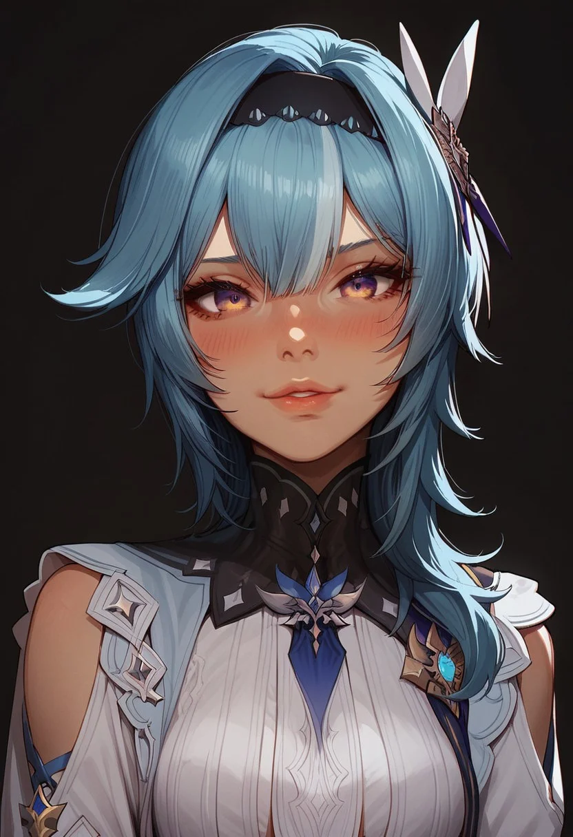 score_9, score_8_up, score_8. score_9, score_8_up, score_7_up, score_6_up, masterpiece, 4k, high quality, (best quality:1.1), ExpressiveH
1girl, solo, eula_(genshin), bangs, hair ornament, hair between eyes, blue hair, purple eyes, sidelocks, hairband, medium hair, black hairband, blushing, looking at viewer, smiling, g0dd3ss, white dress
green background