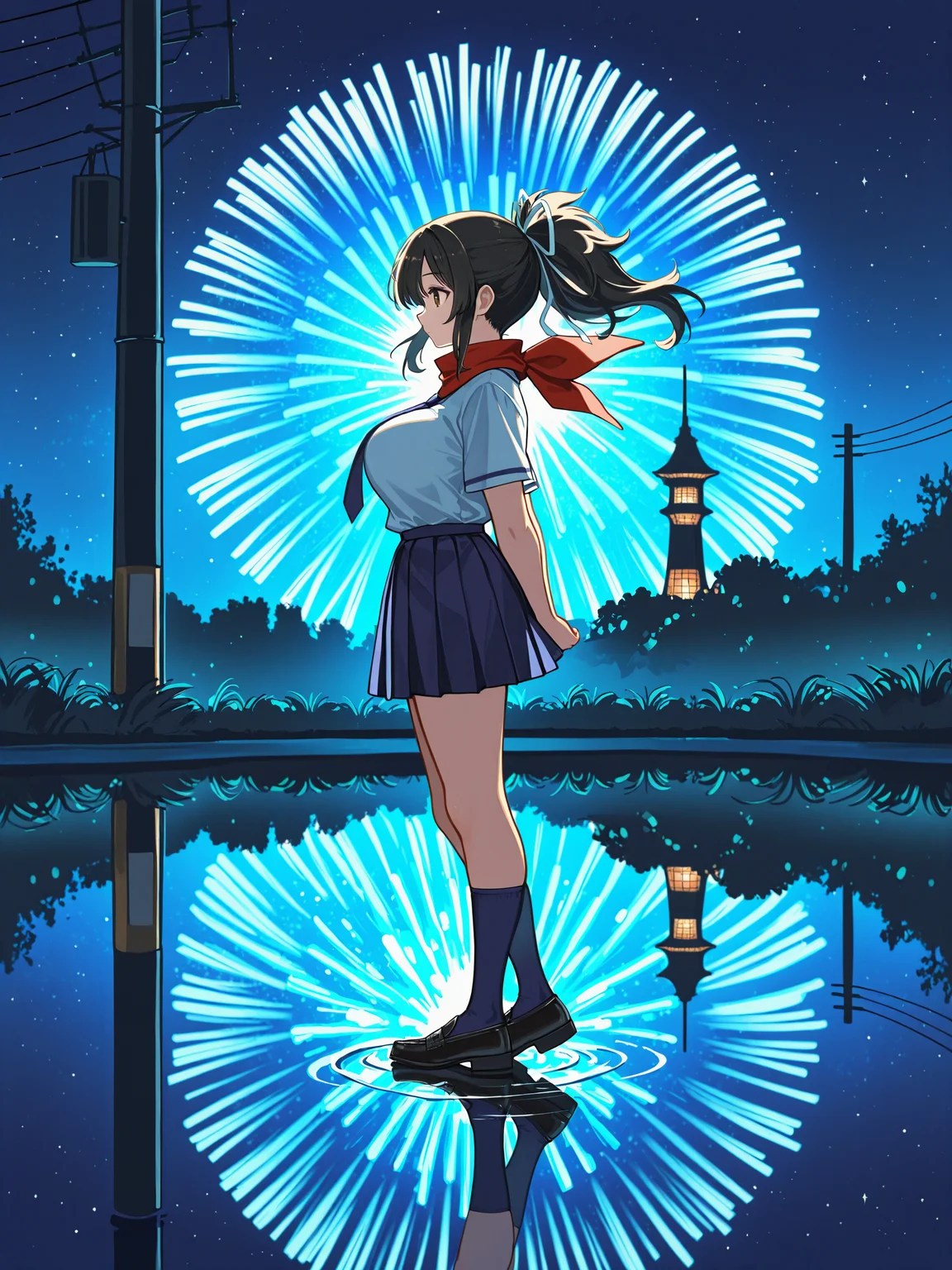 masterpiece, best quality, amazing quality, by [diyokama|say hana|lam]
(solo:1.4), Asuka_IL, brown eyes, black hair, ponytail, white hair ribbon, large breasts, red scarf, hanzo_school_clothes, white shirt, short sleeves, blue stripe piping, blue necktie, blue skirt, pleated skirt, blue knee socks, black loafers, 
(close-up:0.80), facing away, floating hair, standing, from side, looking away, standing on liquid, arms behind back, wide shot, light, reflection, blue theme, star \(sky\), night sky, night, outdoors, sky, fireworks, pond, power lines, tower, reflective water, plant, newest, absurdres, highres, very awa,
<lora:SK_Asuka_IL:0.8>