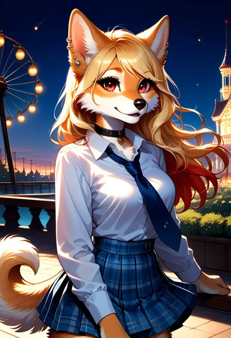 score_9, score_8_up, score_7_up, highres, high quality, perfection,  outdoors,
blonde hair, multicolored hair, gradient hair, long hair, bangs, red eyes, breasts, medium breasts, ear piercing, necktie, school uniform, skirt, choker, shirt, piercing, black choker, jewelry, earrings, white shirt, plaid skirt, tied shirt, plaid, pleated skirt, collared shirt, blue skirt,
BREAK
dog fur pattern, fur all over the body, fur covered thighs, fur covered arms, detailed fur, body fur, beautiful girl, cute girl, young adult, youthful, detailed face, beautiful face, innocent face, eyelashes, perfect eyes, detailed eyes, dog tail, big thighs, 
BREAK 
standing, looking at viewer, posing,