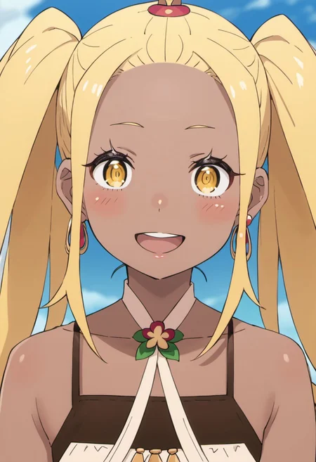 score_9, score_8_up, score_7_up, source_anime,liliana masquerade, long hair, blonde hair, dark skin, dark-skinned female, twintails, yellow eyes, 1girl, solo, jewelry, earrings, open mouth, blush, smile, looking at viewer, :d, collarbone
