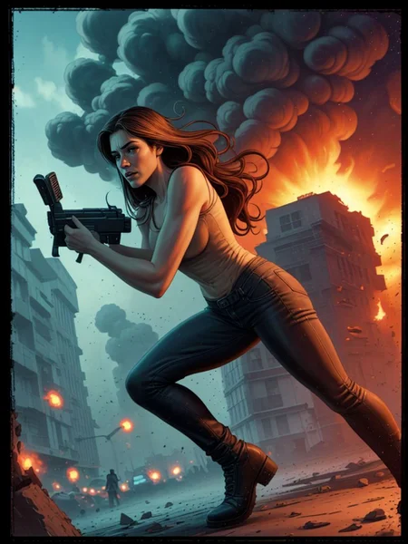 <lora:LCM_LoRA_Weights_SD15:1> (Masterpiece First Edition Comic Graphic Novel Cover by Abigail Larson and Jim Lee:1.4), Grand Theft Auto Vice City, GTA vice_city,
1boy, 1girl,
Two people, (Bruce Campbell) and (Gabrielle Anwar:1.2) , (running) from an exploding building, torn clothes, dirty clothes, scene from TV show Burn Notice, ((facing viewer)), (Miami:1.2), burning city, night, huge explosion and smoke in the background,