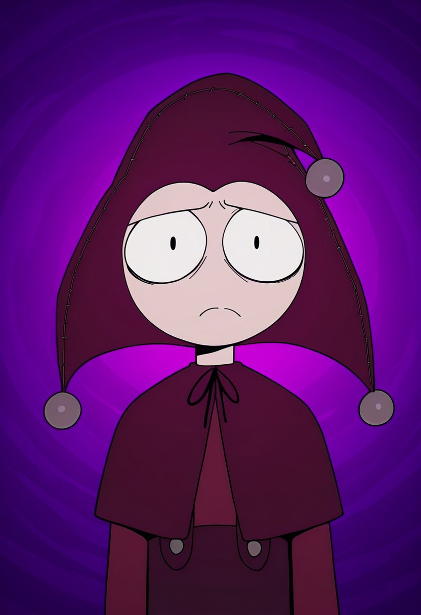 score_9, score_8_up, score_7_up, masterpiece, best quality, amazing quality, Jester Jesterson, 1boy, solo, jester, jester hat, jester cap, caplet, overalls, 4 fingers, black eyes, frown, looking at viewer, 1boy, jester cap, male focus, closed mouth, purple background