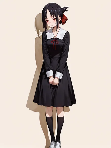 perfect quality,high quality,masterpiece,best quality,amazing quality,very aesthetic,absurdres,Cinematic Lighting,newest,Tactical use of shadow,
front view,full_shot,Raised eyebrows,
1girl,solo,black hair,folded ponytail,bangs,short hair,parted bangs,hair ribbon,red eyes,shuuchiin academy school uniform,school uniform,ribbon,neck ribbon,red ribbon,long sleeves,dress,black dress,socks,black socks,kneehighs,shoes,white footwear,ShinomiyaKaguyaCYQL,
full body,standing,finger_biting,,
khaki background,simple background,
<lora:ponyv4_noob1_2_adamW:0.7>,<lora:spo_sdxl_10ep_4k-data_lora_webui:0.6>,<lora:USNR STYLE_XL_loha:0.45>,<lora:748cmSDXL:1>,usnr,748cmstyle,<lora:lora.by_tusi:1>,