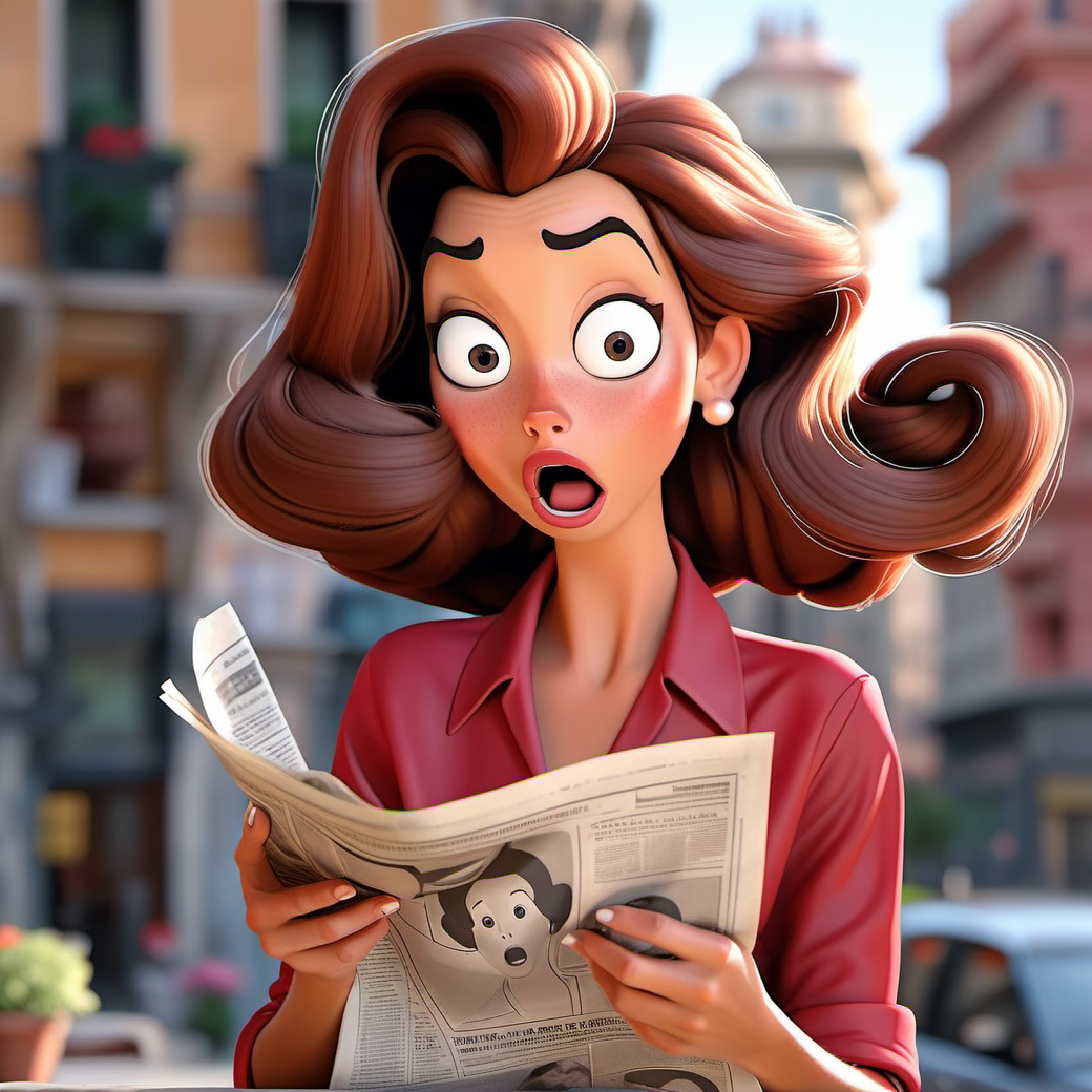 a woman reading a newspaper with a surprised look,her hand touching her hair, brown hair, red shirt, city background  <lora:SamaritanEsdxl:0.7>