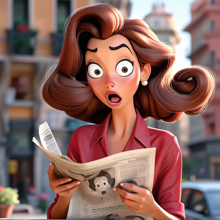 a woman reading a newspaper with a surprised look,her hand touching her hair, brown hair, red shirt, city background  <lora:SamaritanEsdxl:0.7>