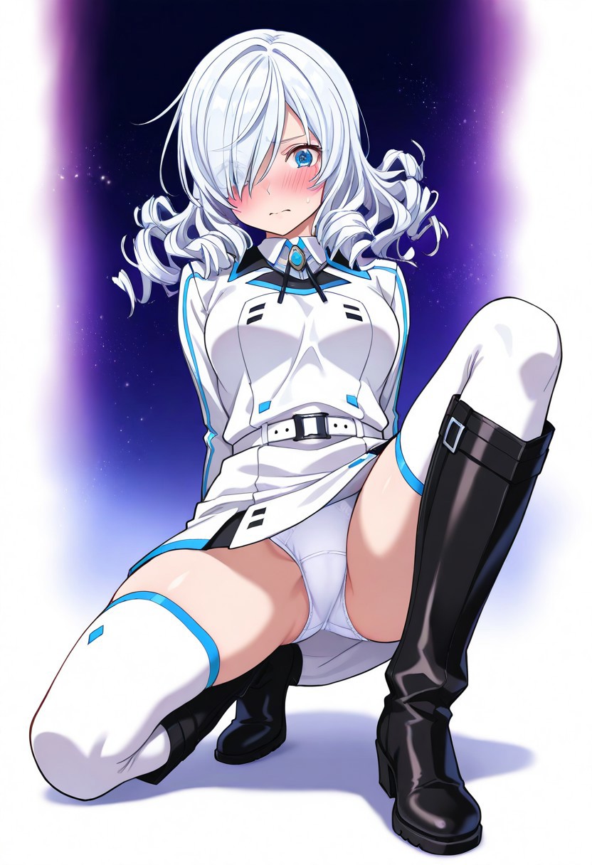 masterpiece, best quality, amazing quality, highres, absurdres, high resolution, ultra detailed, perfect details, aesthetic, ultra-detailed, high quality, newest, scenery, extreme detail, 8k, light particles, soft lighting, volumetric lighting, intricate details, finely detailed, detailed eyes, 1girl, solo, ENT_Girl, white hair, blue eyes, medium hair, curly hair, hair over one eyes, ENT_dress, notched collar with blue trim, white ENT_uniform with blue trim, long sleeves, white belt, short dress, short skirt with blue trim, white thighhighs with blue trim, tall boots, black leather boots, upskirt, pantyshot, panties, white panties, crotch seam, kneeling, on one knee, blushing, embarrassed, knee up, legs apart