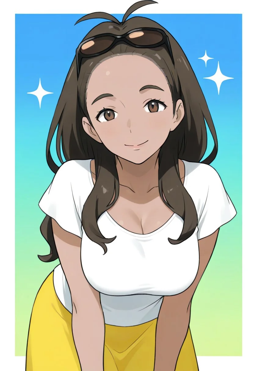 2d, masterpiece, best quality, amazing quality, 1girl, solo, close-up, standing, smile, upper body, leaning_forward, looking at viewer, multicolored background, sparkle, gradient background, colorful background, green background, blue background, (mature female, adult body, grown up), alolamom, dark-skinned female, brown eyes, brown hair, long hair, antenna hair, forehead, eyewear on head, sunglasses, white shirt, short sleeves, long skirt, yellow skirt, floral print, sandals, no legwears, toes,