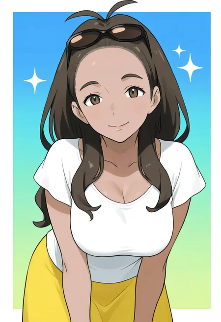 2d, masterpiece, best quality, amazing quality, 1girl, solo, close-up, standing, smile, upper body, leaning_forward, looking at viewer, multicolored background, sparkle, gradient background, colorful background, green background, blue background, (mature female, adult body, grown up), alolamom, dark-skinned female, brown eyes, brown hair, long hair, antenna hair, forehead, eyewear on head, sunglasses, white shirt, short sleeves, long skirt, yellow skirt, floral print, sandals, no legwears, toes,