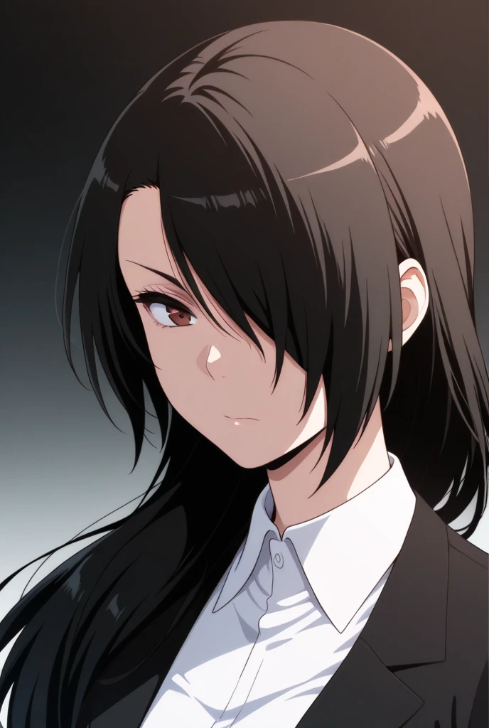 masterpiece, best quality, amazing quality,1girl, solo, BREAK 
,hond4niseko1,black hair,long hair, hair over one eye, brown eyes, formal suit, white shirt, BREAK
 ,multicolored gradient background,upper body,portrait