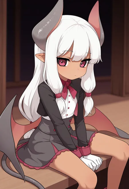 1girl, solo, Rumi, white hair, sidelocks, long hair, low tied, imp girl, demon girl, pink eyes, low wings, bat wings, demon tail, pointy ears, horns, dark skin, white gloves, black jacket, skirt, flat chest, expressionless, looking at viewer, white shirt dynamic pose, sitting,
masterpiece, best quality,amazing quality, very aesthetic, absurdres, depth of field, blurry background, dark, extremely detailed face, detailed eyes, dark colors