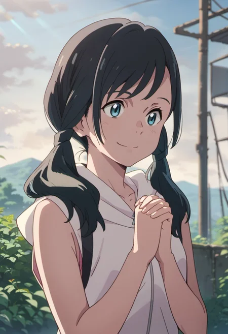 score_9, score_8_up, score_7_up, source_anime, amano hina, black hair, long hair, low twintails, blue eyes, 1girl, twintails, solo, hood, own hands together, smile, sleeveless jacket, sleeveless, hood down, sky, outdoors, upper body