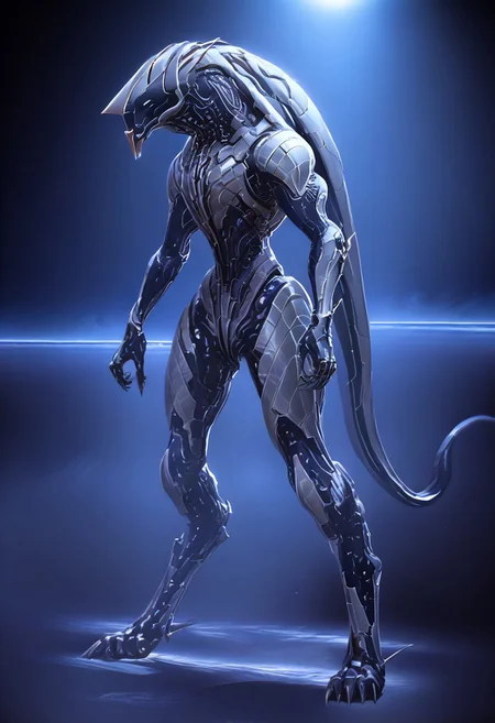 fallen empire technology , blank metallic face((( robot)))(stunning, magnificent, HD, photorealistic, dramatic lighting, intricate details, armor beautiful patterns, realistic , mythical, legendary, powerful, cinematic,, masterpiece, perfect anatomy, perfect composition, perfect hand, (beautiful detailed eyes:1.2), (soft colors)) , glowing red core right on chest armor, armor highly detailed patterns on armor), , full body fits into the image, full body visible, ), claws, gauntlet, digital illustration of a futuristic, armored humanoid figure. The subject is dressed in a highly detailed, dark, and bulky exosuit with intricate mechanical components and white accents. The suit features various textures and layers,.((dead space)))futurenijiimadness, mass effect game, science fiction, lens flare, slightly long neck, big cables on body, robot, big cables on body<lora:ECHANIS:0.8>digitigrade, ST_aliens_styles, tail