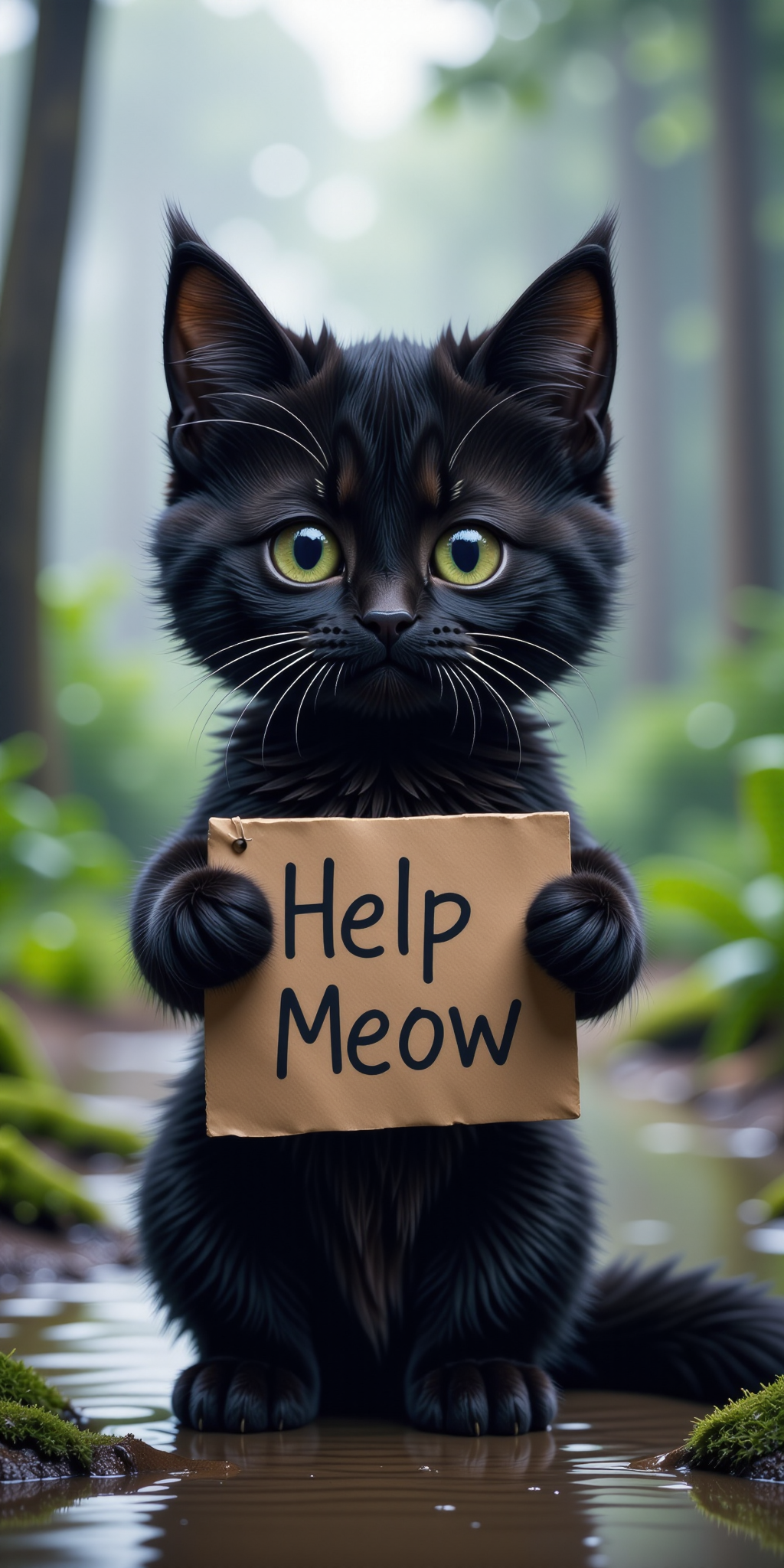 a very cute little black cat with watery eyes, lost on an island, This very cute little cat holds a sign, with "Help Meow" written on the sign, only one sign,
sad expression, perfect masterpiece, watery eyes, raining, puddle, mud,
<lora:Add_More_details_Flux:1>