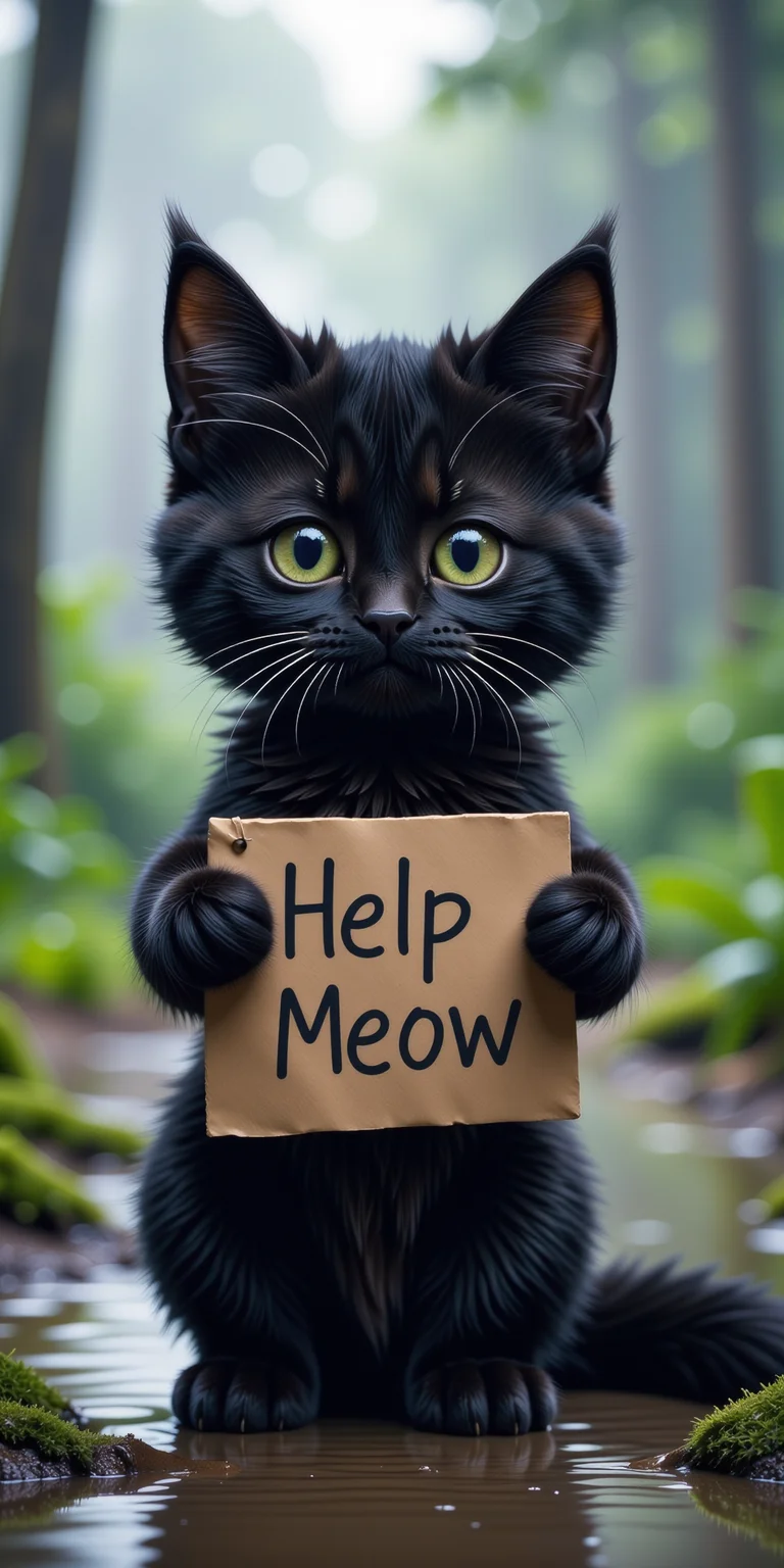 a very cute little black cat with watery eyes, lost on an island, This very cute little cat holds a sign, with "Help Meow" written on the sign, only one sign,
sad expression, perfect masterpiece, watery eyes, raining, puddle, mud,
<lora:Add_More_details_Flux:1>