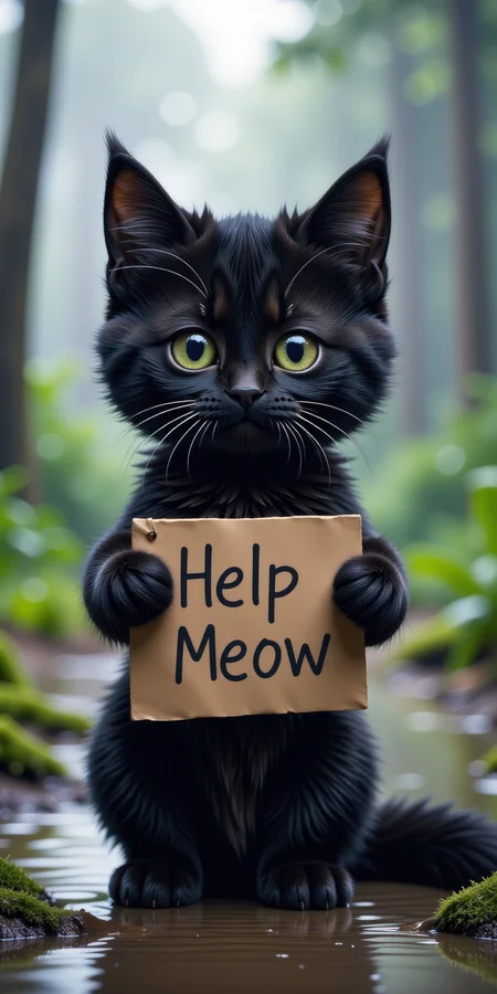 a very cute little black cat with watery eyes, lost on an island, This very cute little cat holds a sign, with "Help Meow" written on the sign, only one sign,
sad expression, perfect masterpiece, watery eyes, raining, puddle, mud,
<lora:Add_More_details_Flux:1>