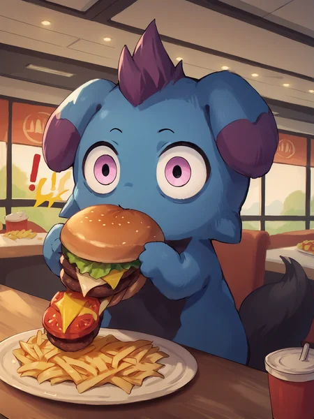 score_9, score_8_up, score_7_up, score_6_up, score_5_up, score_4_up, detailed background, inside, mcdonald's, table, plate, fries BREAK
<lora:Depresso_PDXL_v21-000010:1> Depresso, blue body, purple hair, pink eyes, looking at viewer, surprise, wide eyed, black tail, sitting, holding burger, <lora:Burger_Malfunction-PonyXL-1024px:0.8> burger malfunction, exclamation point