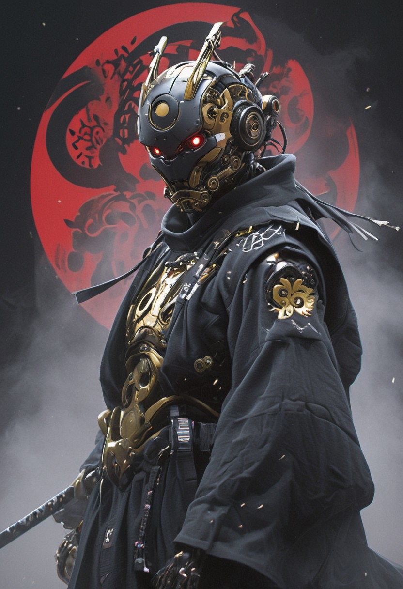 Create a extrahart, mystical, and high-resolution image of an busty female anthropomorphic a humanoid robot with intricate mechanical components named c3po. The character should be depicted in a manga cover style with wealthy portraiture and poster art elements. The image should feature rich colors and high contrast, focusing on the best quality, official art, and a beautiful and aesthetic appearance. Include fractal art elements and a colorful background with a splash of color. Use a movie perspective and an advertising style, similar to a magazine cover. C3po samurai should be shown solo, wearing Japanese clothes and armor, holding a sheathed katana, and standing in a cowboy shot pose. The robot should have neon green and yellow hip-hop clothes, tattoos, muscular abs, shoulder armor, and a metallic flowers in the background. Emphasize a samurai theme with a black and red background and starwars elements.