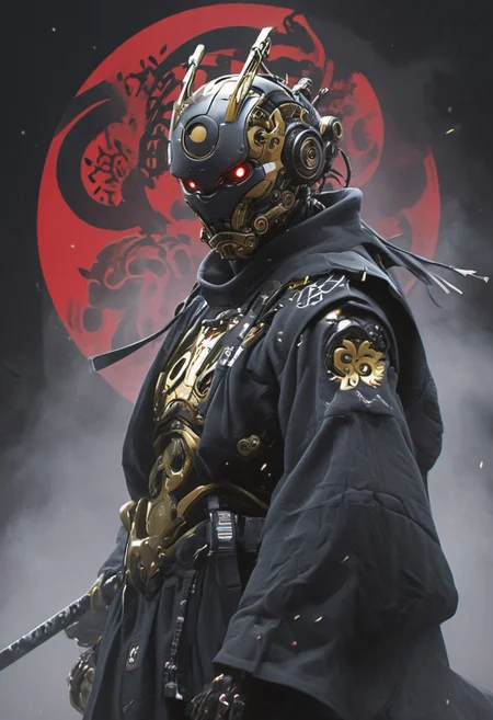 Create a extrahart, mystical, and high-resolution image of an busty female anthropomorphic a humanoid robot with intricate mechanical components named c3po. The character should be depicted in a manga cover style with wealthy portraiture and poster art elements. The image should feature rich colors and high contrast, focusing on the best quality, official art, and a beautiful and aesthetic appearance. Include fractal art elements and a colorful background with a splash of color. Use a movie perspective and an advertising style, similar to a magazine cover. C3po samurai should be shown solo, wearing Japanese clothes and armor, holding a sheathed katana, and standing in a cowboy shot pose. The robot should have neon green and yellow hip-hop clothes, tattoos, muscular abs, shoulder armor, and a metallic flowers in the background. Emphasize a samurai theme with a black and red background and starwars elements.