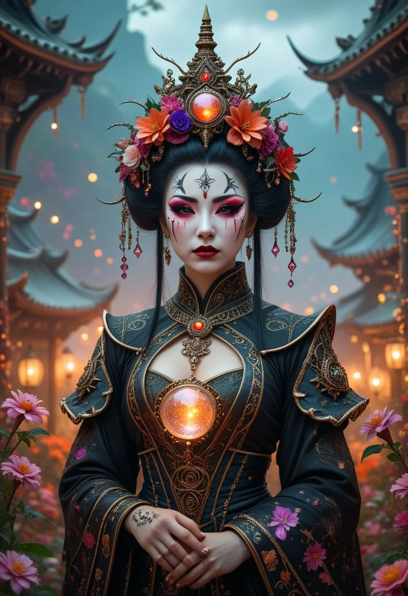 A professional photography of a gothic geisha with whimsical elements, surrounded by an magical and eerie fairytale landscape with sparkling crystals and colorful flowers, awesome appearence, fantastic cyberpunk art concept, intricate details, trending on artstation, masterpiece, 8k, witchcraft, magical symbols, flower ornate, magic, wicca, gems and crystals, elaborate