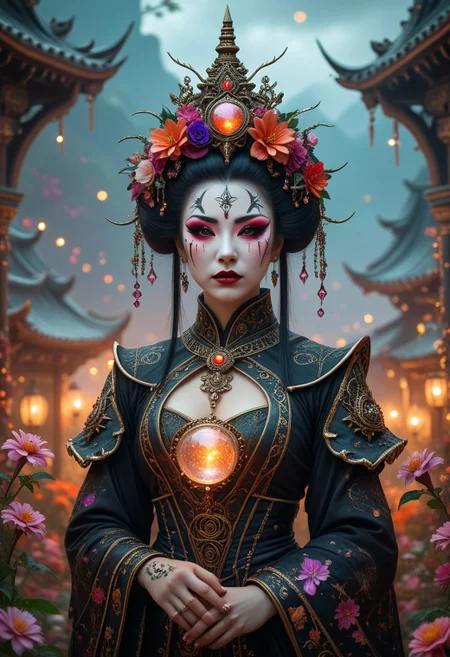 A professional photography of a gothic geisha with whimsical elements, surrounded by an magical and eerie fairytale landscape with sparkling crystals and colorful flowers, awesome appearence, fantastic cyberpunk art concept, intricate details, trending on artstation, masterpiece, 8k, witchcraft, magical symbols, flower ornate, magic, wicca, gems and crystals, elaborate