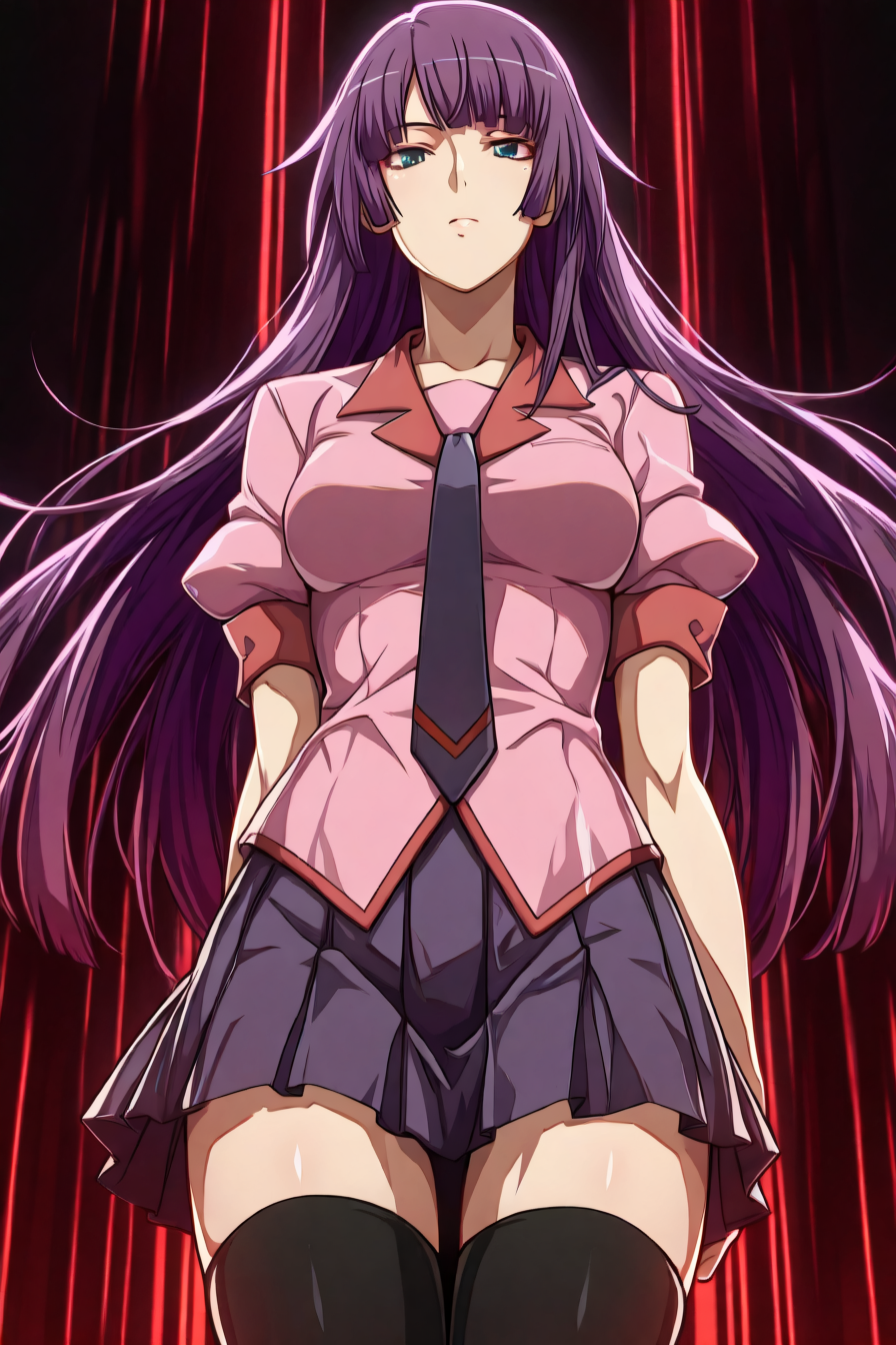 hitagi senjougahara, bangs, long hair, blue eyes, purple hair,skirt, thighhighs, school uniform, necktie, black thighhighs, zettai ryouiki, naoetsu high school uniform,  <lora:dark_art_style_illustriousXL:1>, dark_art_style, masterpiece, highres