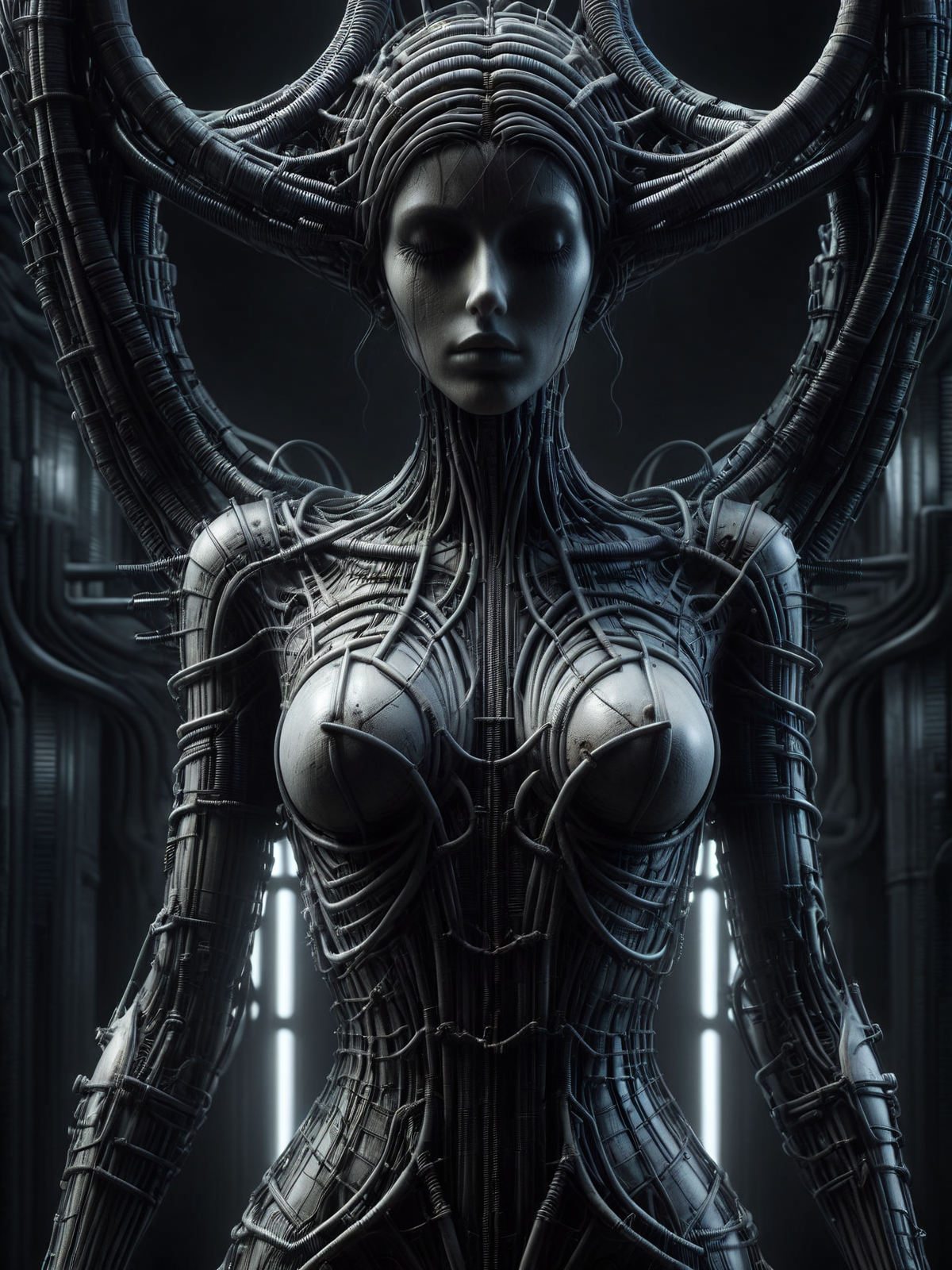 statue of a woman made of mad-rnfcnct , in the style of hr giger  <lora:Derilict_Concret_SDXL:1.0> <lora:Neon_Cyberpunk_SDXL:0.8>  cablelink <lora:great_lighting:0.5> great lighting <lora:aesthetic:1> aesthetic, (masterpiece:1.2), best quality, (hyperdetailed, highest detailed:1.2), high resolution textures