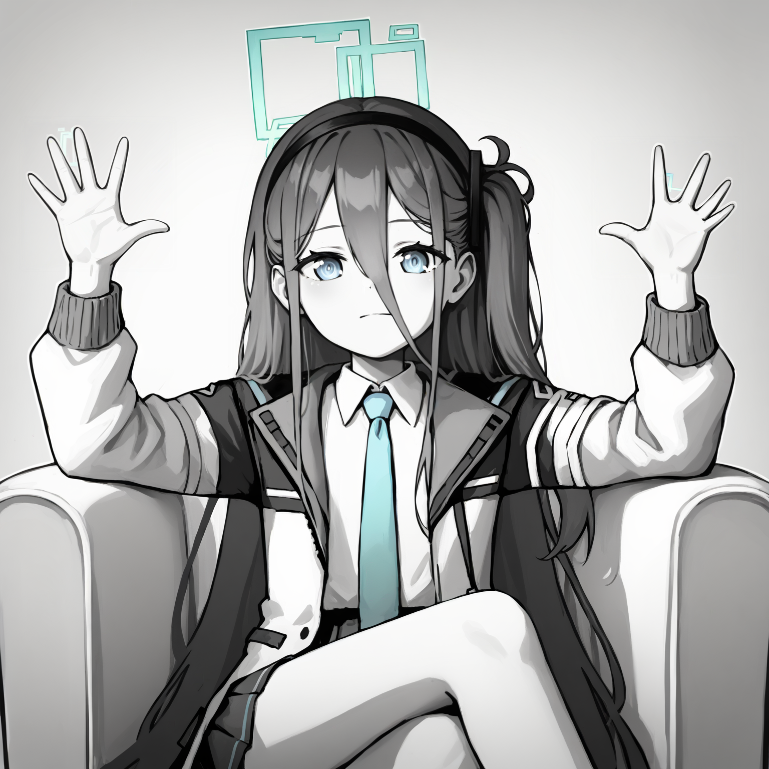 score_9, score_7_up, BREAK, <lora:absolutecinemav1:1>, absolutecinema, hands up, upper body, monochrome, greyscale, sitting, crossed legs, <lora:aris_ba_take_1:1>, aris, flat chest, long hair, black hair, halo, aris main, one side up, hair between eyes, white jacket, collared shirt, pleated skirt, black hairband, open jacket, blue necktie