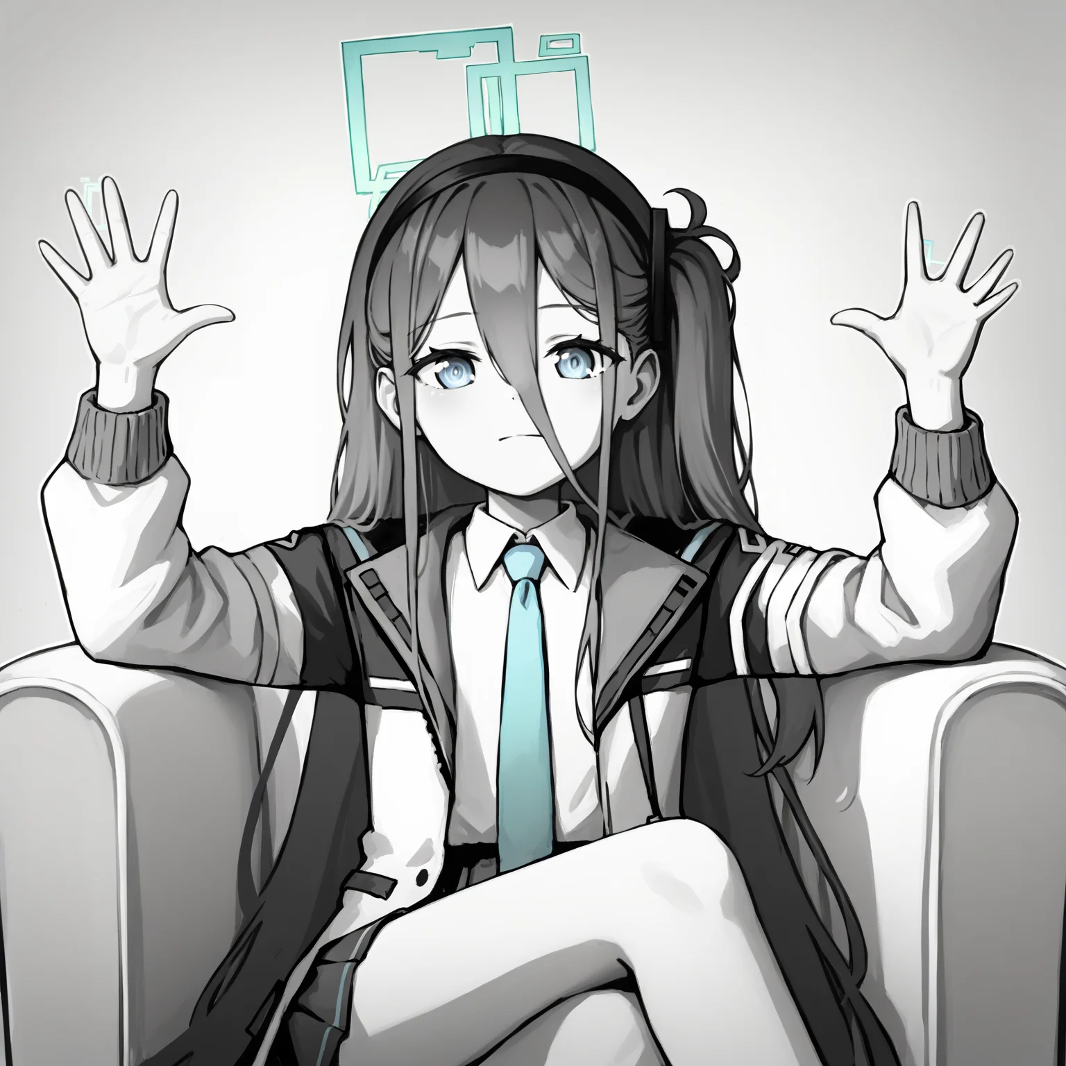 score_9, score_7_up, BREAK, <lora:absolutecinemav1:1>, absolutecinema, hands up, upper body, monochrome, greyscale, sitting, crossed legs, <lora:aris_ba_take_1:1>, aris, flat chest, long hair, black hair, halo, aris main, one side up, hair between eyes, white jacket, collared shirt, pleated skirt, black hairband, open jacket, blue necktie