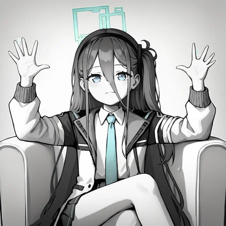 score_9, score_7_up, BREAK, <lora:absolutecinemav1:1>, absolutecinema, hands up, upper body, monochrome, greyscale, sitting, crossed legs, <lora:aris_ba_take_1:1>, aris, flat chest, long hair, black hair, halo, aris main, one side up, hair between eyes, white jacket, collared shirt, pleated skirt, black hairband, open jacket, blue necktie