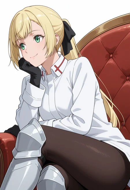 Smooth Quality,masterpiece,very intricate, high quality details, ultra realistic, high detailed skin,detailed enviorement,absurdres,
simple background, white background, 
sideways,sitting pose, legs crossed, one hand resting on chin, playful smile, relaxed shoulders,  ,thinking,
 <lora:Rituscnn:0.8> rituscnn, 1girl, blonde hair, green eyes, long hair, ponytail,shirt, white shirt, coat,black gloves, hair ribbon,armored boots,
