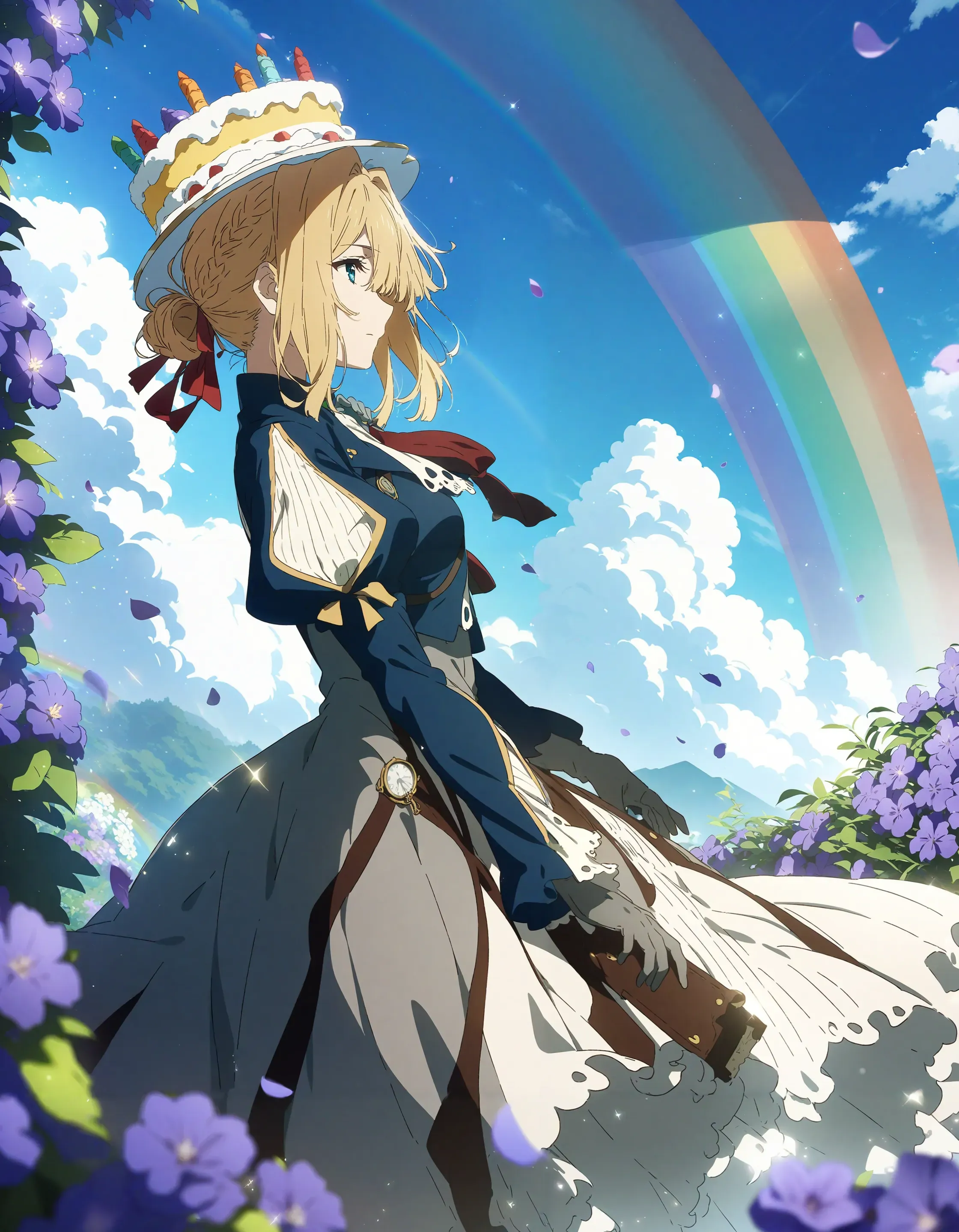 (cake hat:1.1), key visual,
1girl, violet evergarden, violet evergarden \(series\), arm up, blonde hair, blue background, blue sky, closed mouth, cloud, cumulonimbus cloud, dress, falling petals, flower, gloves, grey dress, grey gloves, hair bun, holding, juliet sleeves, light particles, long sleeves, petals, profile, puffy sleeves, purple flower, rainbow, red ribbon, ribbon, short hair, sidelocks, sky, solo, sparkle, standing
best quality, masterpiece,
<lora:concept_cakehat:1>