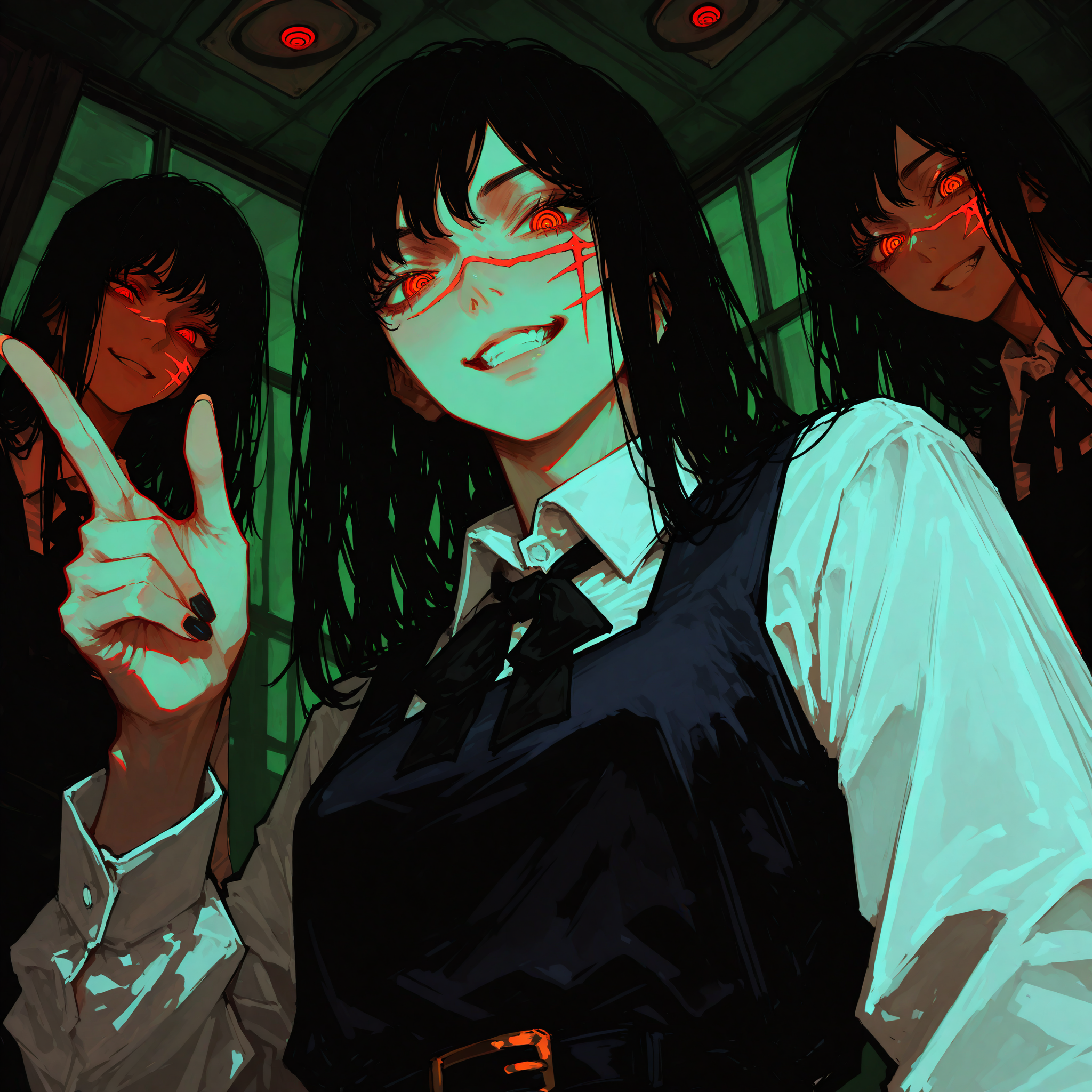 horror theme,film grain:1.2,96yottea,very awa,masterpiece,best quality,newest,absurdres,high res,very aesthetic,upside down green buidlings in background,from below,full shot,low light, reflections, shadows,
BREAK
yoru \(chainsaw man\),finger gun,long fingernails,black fingernails,ringed eyes,red eyes,long hair,black hair,scar on cheek,cross scar,school uniform,fourth east high school uniform,school uniform,pinafore dress,collared shirt,white shirt,neck ribbon,grin,
<lora:add-detail-xl:0.5>,<lora:spo_sdxl_10ep_4k-data_lora_webui:0.4>,<lora:ponyv6_noobV1_2_adamW-000017:0.5>,<lora:748cmSDXL:0.55>,<lora:Mythical_Beasts:0.2>,<lora:0d28507d-6abc-443d-9c00-5f399ab8c7eb.TA_trained:0.4>,<lora:Dramatic Lighting Slider:0.4>,<lora:DarkerThanDarkIllustriousV1:0.8>,