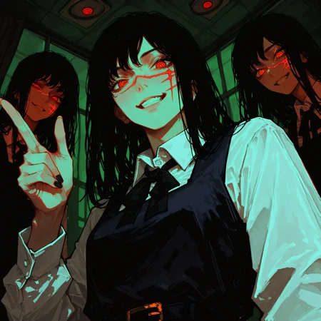 horror theme,film grain:1.2,96yottea,very awa,masterpiece,best quality,newest,absurdres,high res,very aesthetic,upside down green buidlings in background,from below,full shot,low light, reflections, shadows,
BREAK
yoru \(chainsaw man\),finger gun,long fingernails,black fingernails,ringed eyes,red eyes,long hair,black hair,scar on cheek,cross scar,school uniform,fourth east high school uniform,school uniform,pinafore dress,collared shirt,white shirt,neck ribbon,grin,
<lora:add-detail-xl:0.5>,<lora:spo_sdxl_10ep_4k-data_lora_webui:0.4>,<lora:ponyv6_noobV1_2_adamW-000017:0.5>,<lora:748cmSDXL:0.55>,<lora:Mythical_Beasts:0.2>,<lora:0d28507d-6abc-443d-9c00-5f399ab8c7eb.TA_trained:0.4>,<lora:Dramatic Lighting Slider:0.4>,<lora:DarkerThanDarkIllustriousV1:0.8>,